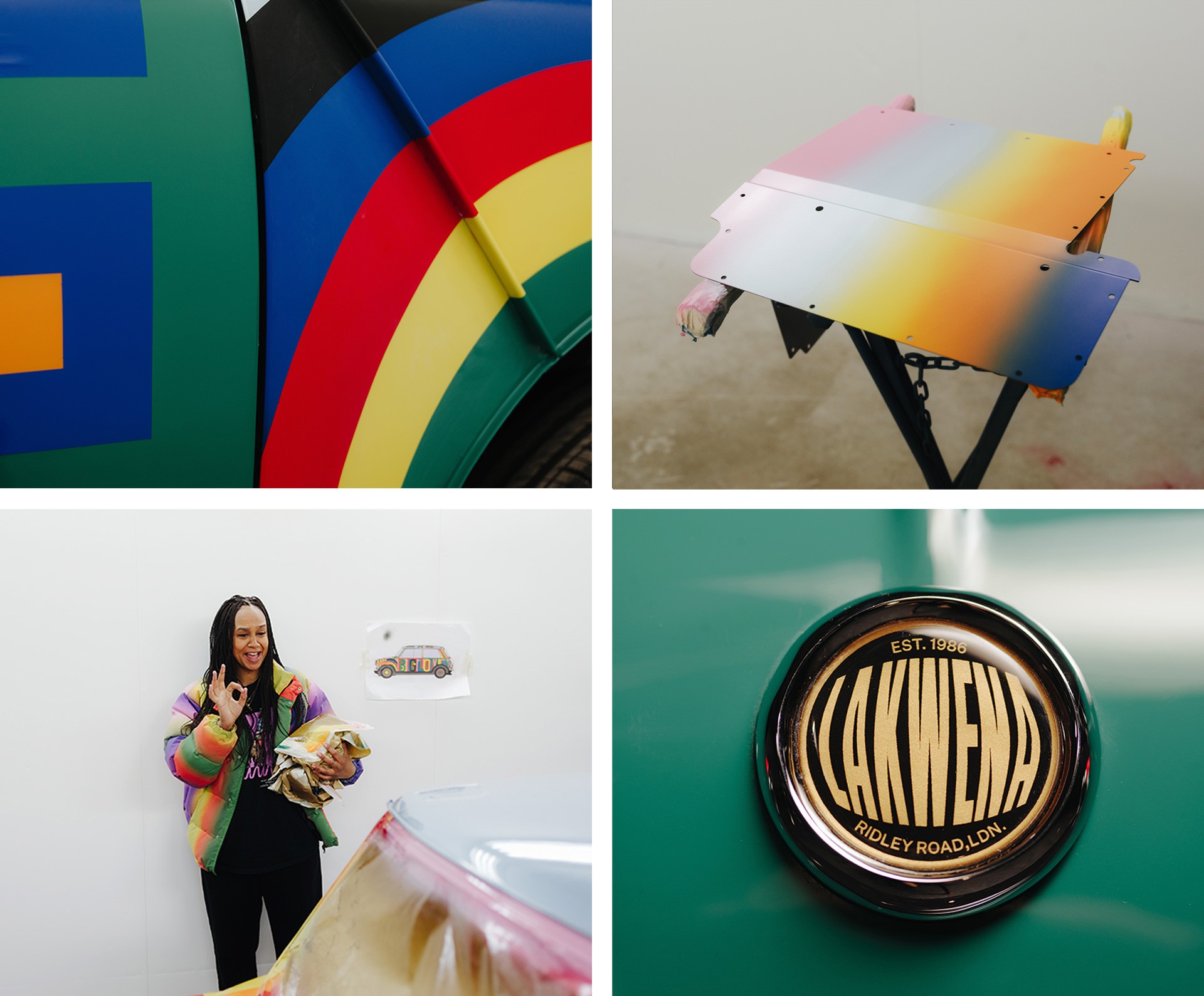 1st image: Close-up of a sprayed car element. 2nd image: Image of a colourful sprayed car wing. 3rd image: Image of Lakwena, looking happy about the painting of her classic Mini. 4th image: Close-up of Lakwena’s logo on her unique MINI Recharged model.